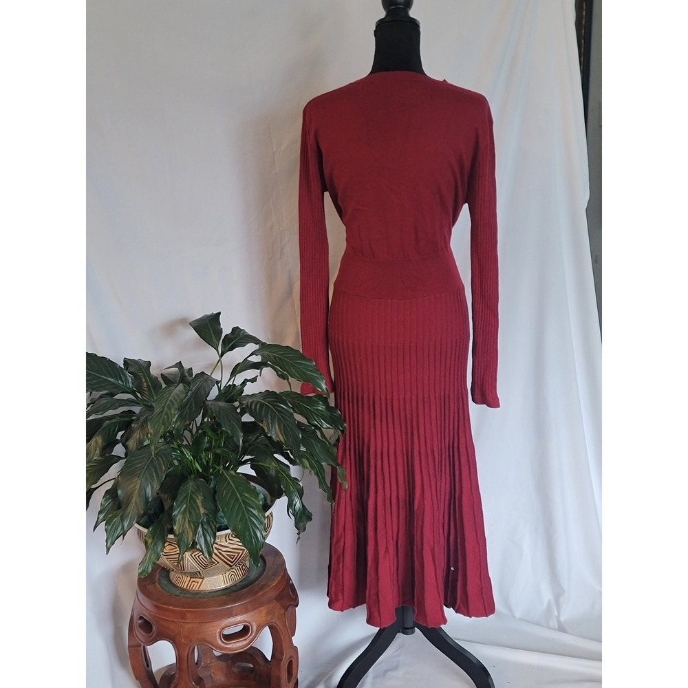 Fincati Cashmere Wool Blend‎ Belted Ribbed Sweater Dress Burgundy Red Large